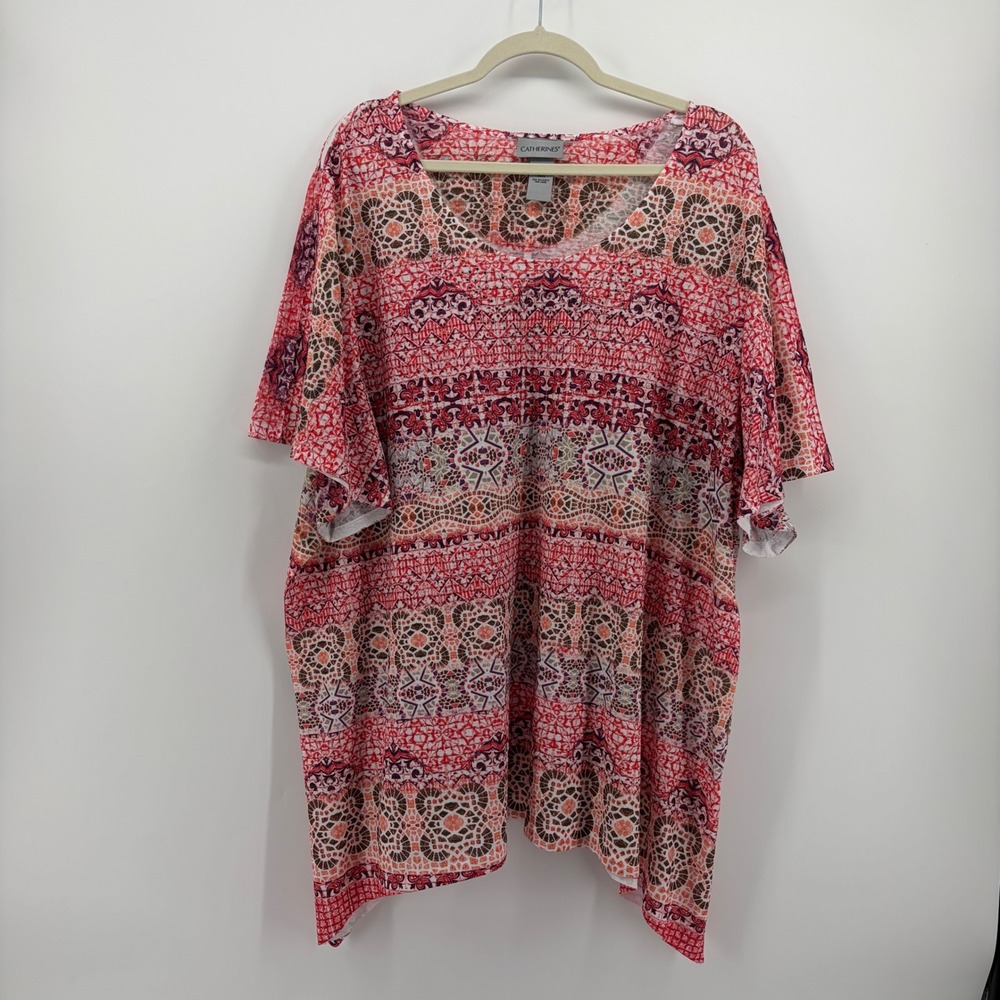 Catherines Womens 3X Pink Orange Mosaic Print Handkerchief Hem Tunic Top